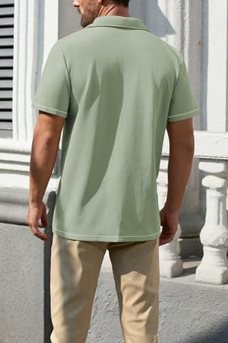 Cakulo Mens Casual Short Sleeve Button Down Shirts Summer Beach Vacation V Neck Collared Shirt Green M - Image 2