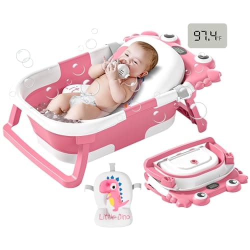 Collapsible Baby Bathtub for Newborns to Toddler with Real-time Temp Monitor & Floating Cushion,Portable Travel Tub for 0-36 Month, Foldable Baby Bath Tub for Infants Girl (Pink) - Image 1