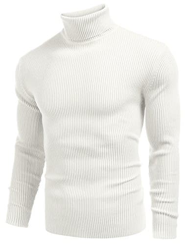 COOFANDY Mens Ribbed Slim Fit Knitted Pullover Casual Turtleneck Sweater White - Image 2