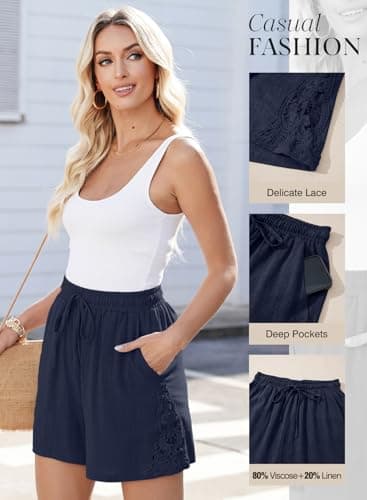 Dokotoo Casual Shorts for Women Navy Blue Dressy Business High Waisted Pockets Summer Outfits Trendy Drawstring Elastic Lady Boho Linen Spring Clothes Plus Size X-Large - Image 2