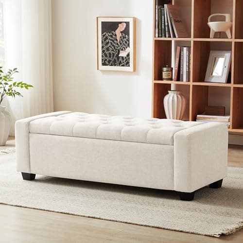 Huatean Home 48" Ottoman with Storage, Storage Ottoman Bench with Safety Hinge, Upholstered Entryway Bench with Seating for Bedroom, Living Room, Holds up to 330 lb, Beige - Image 1