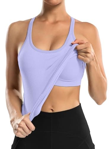 ATTRACO Women's Ribbed Workout Tank Top with Built-in Bra Yoga Athletic Camisole Purple XL - Image 3