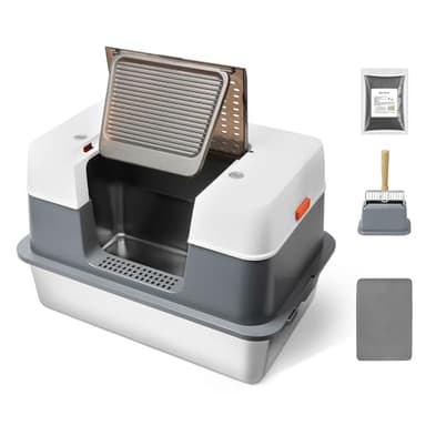 Scirove Stainless Steel Enclosed Cat Litter Box with Lid，Covered Metal Kitty Litter Box with Litter Mat and Odor Reduction Pack(2kg), Metal Scoop，Switchable Design, Easy Clean，Odor-Proof, Leak-Proof - Image 1