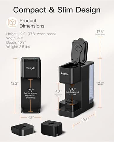 Tastyle Single Serve Hot & Iced Coffee Maker with Strong Brew, 40oz Removable Reservoir, 6 Brew Sizes, Compatible with K Cup and Grounds, Compact for Home, Office, RV and Dorm, Black (2.0 Version) - Image 7