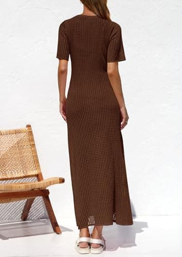 PRETTYGARDEN Womens Eyelet Cover Up Dress 2025 Summer Vacation Resort Maxi Dresses Beach Short Sleeve Hollow Out Sundress (Brown,Medium) - Image 2