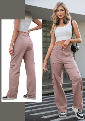IVIR Cargo Pants Women Adjustable Waist High Waisted Cargo Pants Hiking Pants Baggy Travel Pink Large - Image 4