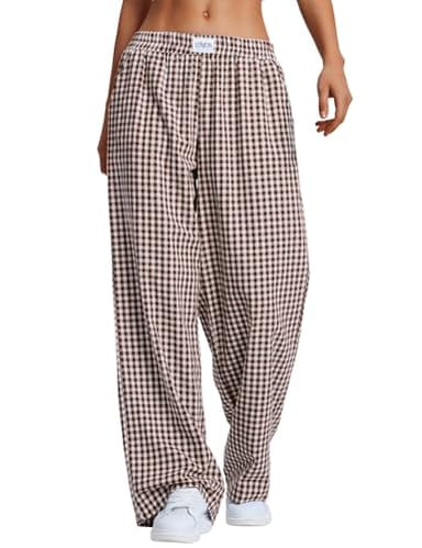 LOMON Women's Gingham Plaid Wide Leg Pants Cotton Boxers Pajama Lounge Pj Casual Trousers Y2K Flowy Bottoms with Pockets (Coffee White Plaid, L) - Image 1