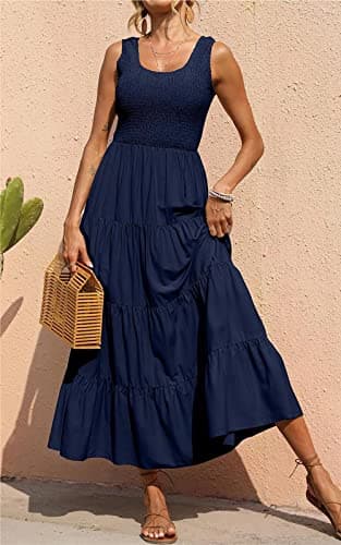 PRETTYGARDEN Women's Casual Loose Plain Maxi Sundress Smocked Tank Dress Sleeveless Summer Beach Tiered Long Dresses (Navy,Large) - Image 3