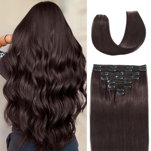 Clip in Hair Extensions Real Human Hair for Women Seamless Invisible Dark Brown Natural 8pcs Double Weft 16 inch 3.2oz/90g - Image 1