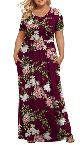 LONGYUAN 2025 Women Summer Casual Loose Comfy Dresses Swimsuit Plus Size Long Dress with Pockets Fl, 3XL Floral Wine Red - Image 1