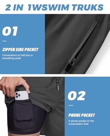 Alimens & Gentle Mens 5" Swim Trunks with Zipper Pocket 2 in 1 Swim Shorts with Compression Liner Solid Quick Dry Beach Shorts Dark Grey - Image 3