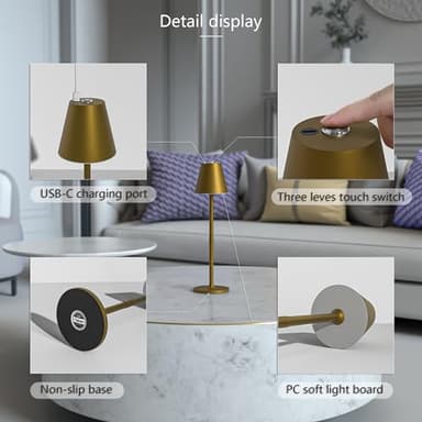 Timjorman LED CordlessTable Lamp,4000mAh Rechargeable Battery Desk lamp,3 Level Brightness Portable Night Light, Minimalist Design, for Couple Dinner/Coffee Table/Restaurant/Bedroom(Bronze) - Image 7