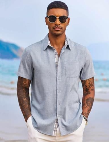 COOFANDY Men's Short Sleeve Shirts Casual Button Down Summer Beach Shirt Light Denim Blue - Image 2