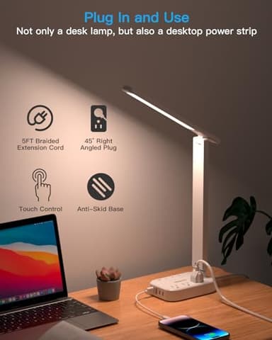 One Beat LED Small Desk Lamp Power Strip 5ft Extension Cord, 3 Outlets, 4 USB Ports(2 USB C), 4 Modes, 5 Level Touch- Home, Office, Bedroom, Bedside, Study Reading Light, Dorm Room Essentials, White - Image 4