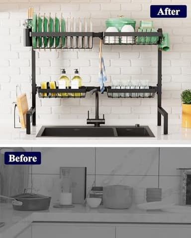 Kitsure Over The Sink Dish Drying Rack - 30.0" to 33.9" x 21.5", Adjustable Sink Drying Rack for Kitchen Sink with Multifunctional Baskets, Black - Image 7