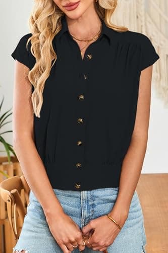 Cakulo Womens Summer Short Sleeve Button Down Shirts 2025 Dressy Casual Polo V Neck Collared Blouses Tops Black XL - Image 2