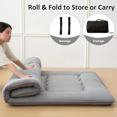 INFINICE Japanese Floor Mattress Futon Mattress, Foldable Roll Up Mattress with Portable Storage Bag, Tatami Mat Sleeping Pad Suitable for Camping, Guest Room, Gray, Queen - Image 4