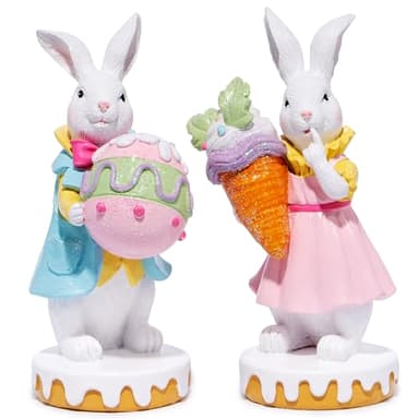 Hodao 2PCS Easter Bunny Couple Decoration Spring Rabbit Decor Figurines for Home, Holiday Celebrations Tabletopper Easter Bunny Decor Gifts for Party (White-Two) - Image 1