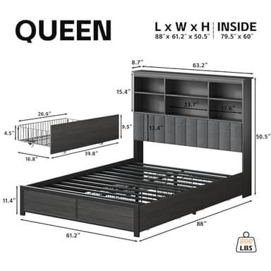 HISOFT Queen Bed Frame with Storage Headboard, Wood Bed with High Storage Bookcase, 4 Drawers & LED & Charging Station,No Box Spring Needed/Noise Free/All-Metal Support, Rustic Grey - Image 2