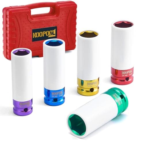 1/2" Drive 5pc Impact Lug Nut Socket Set, Metric 15-17-19-21-22 mm, Thin Wall with Colored Covers, Wheel Lug Nuts Socket with Protective Sleeve and Insert Prevent Damage to Rims (Red） - Image 1