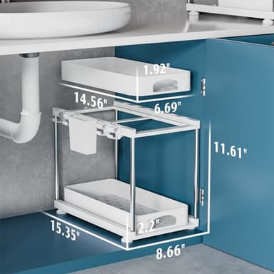 VERIFOST 2 Pack Under Sink Organizers and Storage, Double Sliding Kitchen Cabinet Organizer, 2 Tier Height Adjustable Countertop Organizer for Kitchen Bathroom Laundry, White - Image 6
