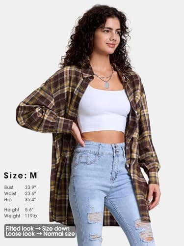 EXLURA Womens Plaid Flannel Shacket Long Sleeve Button Down Shirts Long Jackets Oversized Fall Fashion Outfits 2025 Clothes Yellow Brown - Image 3