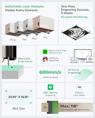 xTool S1 40W Laser Engraver and Cutter Machine with Air Assist & Honeycomb, 23.93" x 15.16" Bed Size, Beginner-Friendly, Laser Engravering Machine for Wood and Metal, Acrylic, etc. - Basic Bundle - Image 2