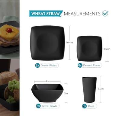 Teivio 32-piece Plastic Wheat Straw Square Dinnerware Set for 8, Unbreakable Dinner Plates, Salad Plates, Snack Bowls, Tumblers, Dishwasher Safe, Black - Image 2