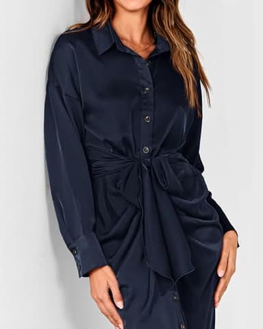 BTFBM Maxi Dresses for Women Fall 2025 Long Sleeve Lapel Neck Button Down Elegant Satin Belted Ruched Summer Shirt Dress(Navy, Medium) - Image 7