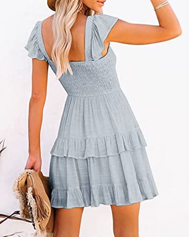 Women Summer Dresses Casual Boho Smocked Ruffles Sun Beach Babydoll Mini Dress Layered Flowy Swing Casaul Dress A-Blue - Image 2