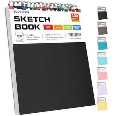 Soucolor 9" x 12" Sketch Book, 1-Pack 100 Sheets Spiral Bound Art Sketchbook, (68lb/100gsm) Acid Free Artist Drawing Book Paper Painting Drawing Writing Sketching Pad for Kids Adult Teens Girls Boys - Image 1
