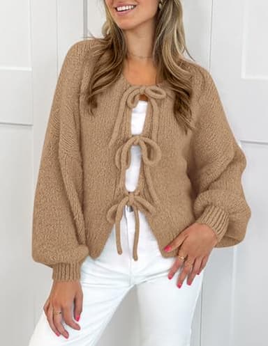 PRETTYGARDEN Women's Tie Front Bow Cardigan Sweaters Chunky Knit Long Puff Sleeve Trendy Fall Winter Jacket Coats (Camel,Medium) - Image 3