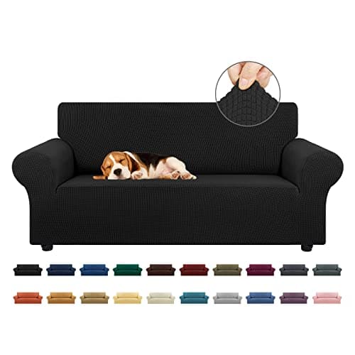 KEKUOU Stretch Loveseat Sofa Cover Slipcover,Couch Covers for 2 Cushion Couch Sofa (55"-78") Furniture Protector Sofa with Elastic Bottom for Kids,Dog. Jacquard Small Checked (Medium,Black) - Image 1