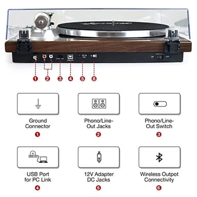 Turntables Belt-Drive Record Player with Wireless Output Connectivity, Vinyl Player Support 33&45 RPM Speed Phono Line USB Digital to PC Recording with Advanced Magnetic Cartridge&Counterweight - Image 4