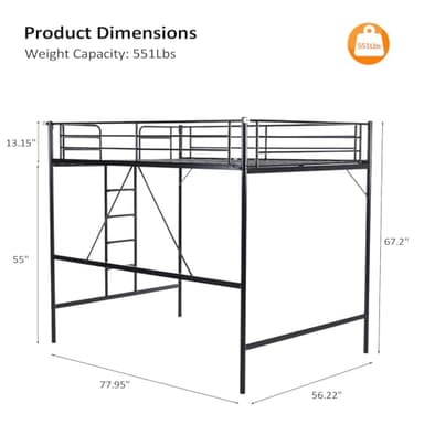 VINGLI Loft Bed Full Size with Flat Rungs for Adults, Kids and Young Teens, No Box Spring Required,Heavy Duty Metal Slat Support - Image 3