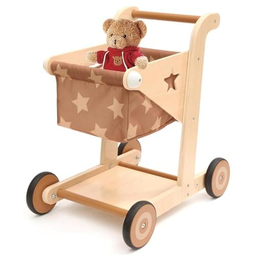 Asweets 2 in 1 Wooden Baby Walker Push and Pull Doll Stroller, Shopping Cart Learning Walker for Boys and Girls, Sit Stand Learning Toddler Toy (Brown) - Image 1