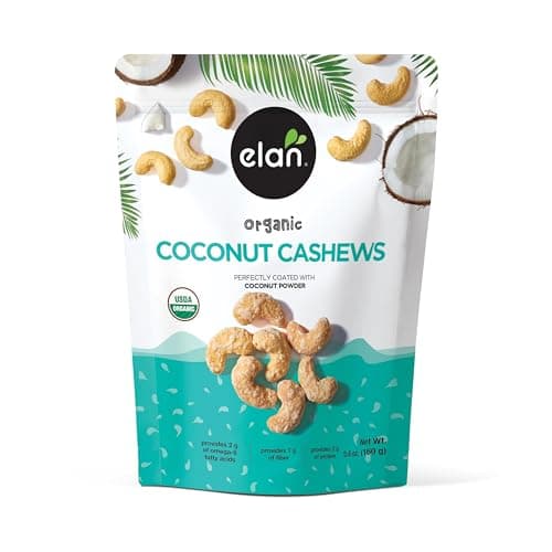 Elan Organic Coconut Cashews, 5.6 oz, Non-GMO, Gluten-Free, Vegan, Kosher, Glazed Nuts (Roasted Cashews, Coconut Milk Powder, Himalayan Pink Salt), Superfood Infused Nuts - Image 1
