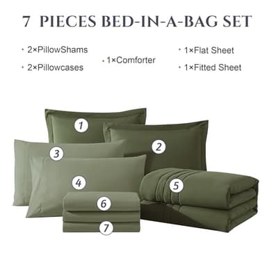 Monbix Queen Comforter Set - 7 Pieces Olive Green Bed in a Bag Queen Bedding Sets with Comforters, All Seasons Down Alternative Comforter Bed Set with Sheets, Pillowcases & Shams - Image 7
