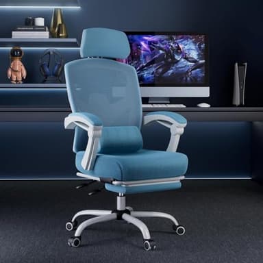 DUMOS Home Office Desk Chair with Footrest, High-Back Mesh Rolling Swivel Reclining Chairs with Wheels, Comfortable Headrest, Lumbar Support, Comfy Arms for Home, Office, Gaming, Student, Elegant Blue - Image 4