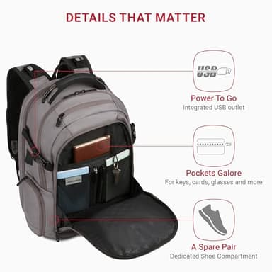 SwissGear Travel Tech Elite Laptop Backpack – Fits Laptops up to 16” – ScanSmart TSA-Friendly Backpack with USB Port, Shoe Compartment & Organizer Pockets – Grey Ballistic - Image 3