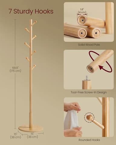 VASAGLE Solid Wood Coat Rack, Free Standing Hall Coat Tree with 7 Hooks, 3 Height Options, for Coats, Hats, Bags, Purses, for Entryway, Hallway, Rubberwood Hooks and Pole, Natural Beige URCR007N01 - Image 6