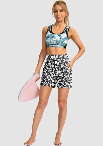 G GRADUAL Women's 5" High Waisted Swim Board Shorts with Phone Pockets UPF 50+ Quick Dry Beach Shorts for Women with Liner(Black Floral,L) - Image 2