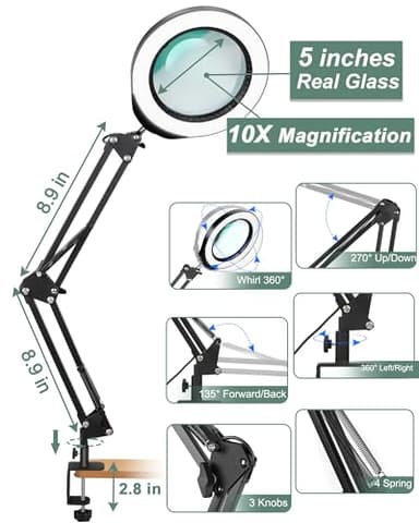 Veemagni 10X Large Magnifying Glass with Light and Clamp, 5 Inch Real Glass Stand Magnifying Desk Lamp, 5 Color Modes Stepless Dimmable, Hands Free LED Lighted Magnifier for Crafts Reading Close Work - Image 5