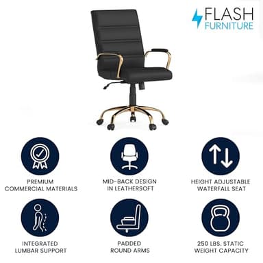 Flash Furniture Whitney Mid-Back Swivel LeatherSoft Desk Chair with Wheels, Padded Seat and Armrests, Adjustable Height Padded Office Chair, Black - Image 4