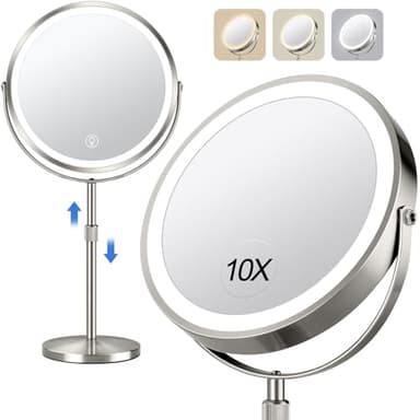 10x Large Lighted Makeup Mirror, Rechargeable 8" Height Adjustable Vanity Mirror, 1x/10x Magnifying Mirror with 3 Color, Brightness Adjustable, 360° Rotation Double Sided Mirror, Gift for Her(Nickel) - Image 1