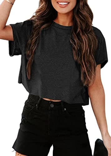 Tankaneo Women Short Sleeve Cropped T-Shirts Crew Neck Loose Crop Tops Summer Casual Drop Shoulder Basic Tees Black - Image 1