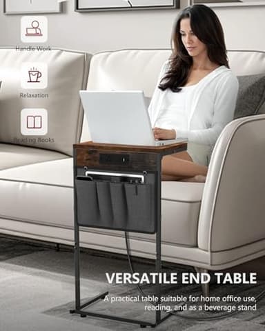 Evermagin C Shaped End Table with Charging Station, Small Side Table with Storage Bag for Couch and Recliner, Slide Under Sofa Tray for Living Room, Bedroom, Rustic Brown - Image 5