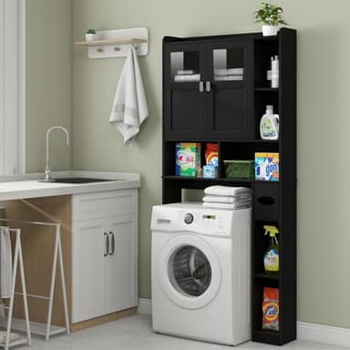 Vabches Over The Toilet Storage Cabinet, Bathroom Shelf Over Toilet with Glass Doors and Adjustable Shelves, Black Freestanding Home Space Save Toilet Rack, for Restroom, Bathroom, Laundry - Image 4