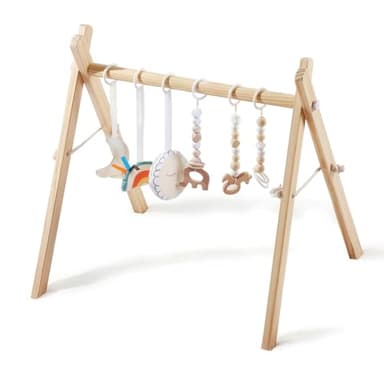 little dove Foldable Wooden Play Gym with 6 Toys - Infant Activity Gym for Baby Girls and Boys with Hanging Bar - Montessori Newborn Gift - Image 4