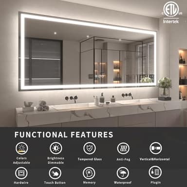 ODDSAN 66x36 LED Lighted Mirror for Bathroom Wall Mounted, Dimmable Vanity Mirror with Lights, Anti-Fog, ETL Listed (Backlit and Front Lighted) - Image 2